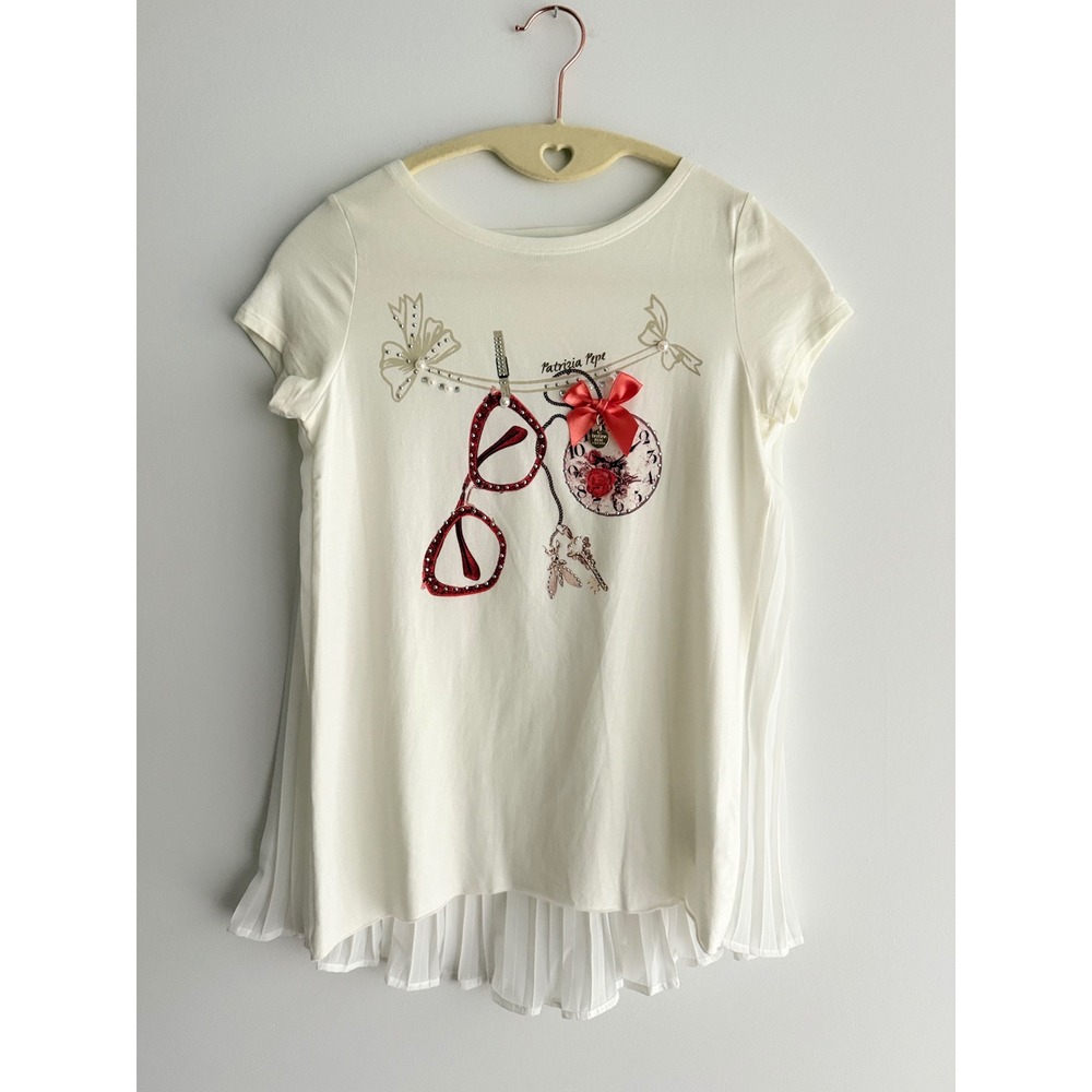Patrizia Pepe Girl Ivory Sheer Pleated Back Rhinestone Graphic Top Luxe Youth L